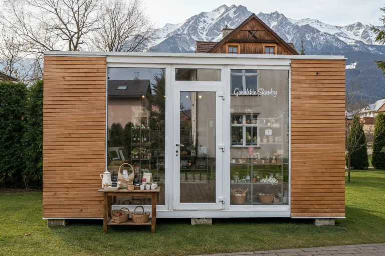 boxtainer - kontener biurowy - pawilon biurowy - kontener z drewnianą elewacją i witryną (1)