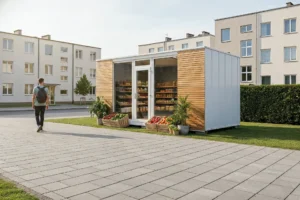 boxtainer - kontener biurowy - pawilon biurowy - kontener z drewnianą elewacją i witryną (8)